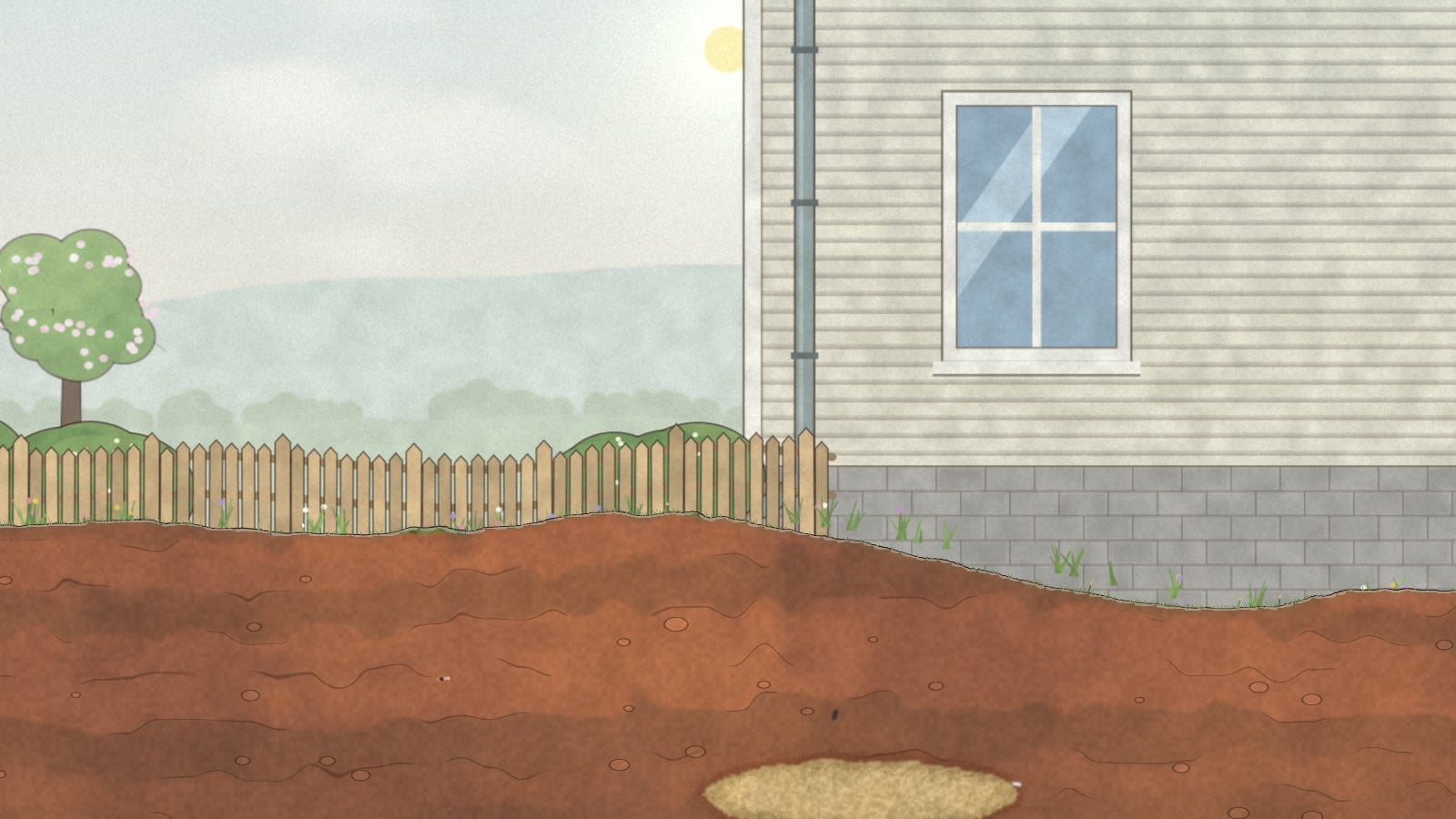 The edge of the yard, where the picket fence ends at the corner of a clapboard house with a window and a drainpipe.