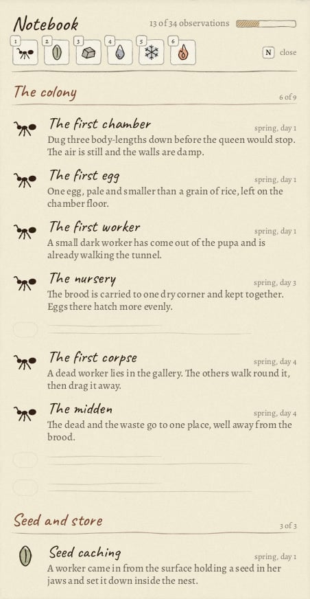 The notebook panel from the game. Under the heading The colony it lists dated entries: the first chamber, the first egg, the first worker, the nursery, the first corpse and the midden, each with a line or two of description.